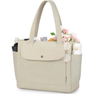 Large Corduroy Tote Bag for Women Lightweight Shoulder Purse with Zipper Pockets